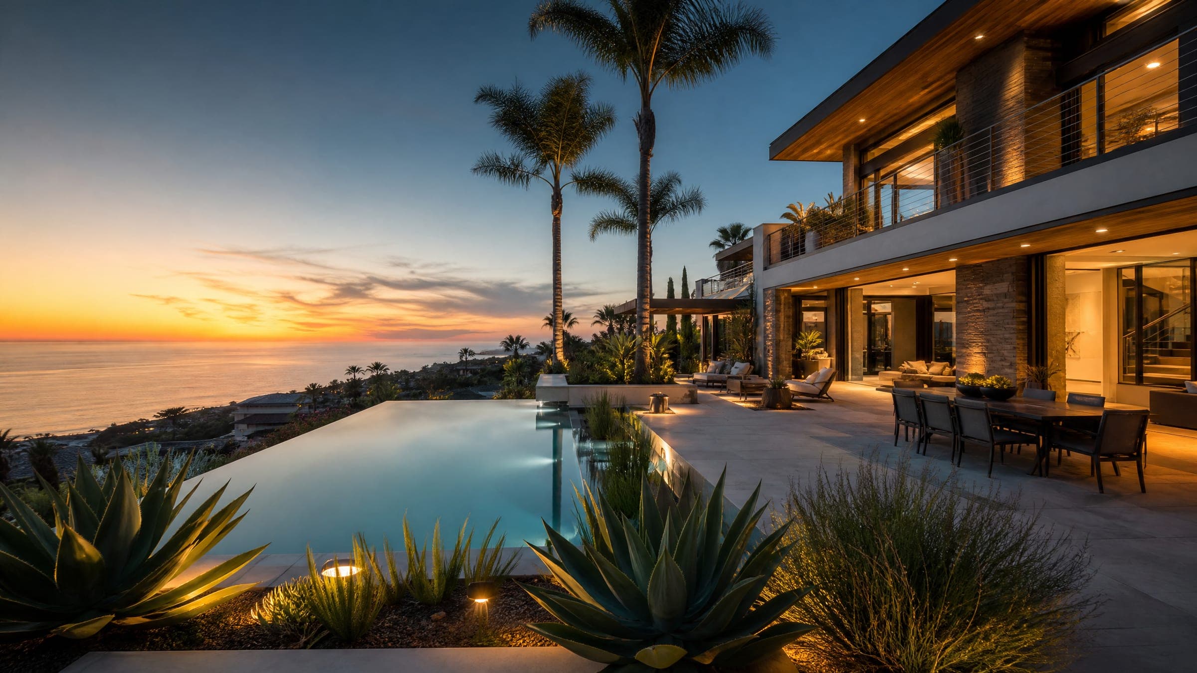 Luxury coastal estate at sunset in Southern California